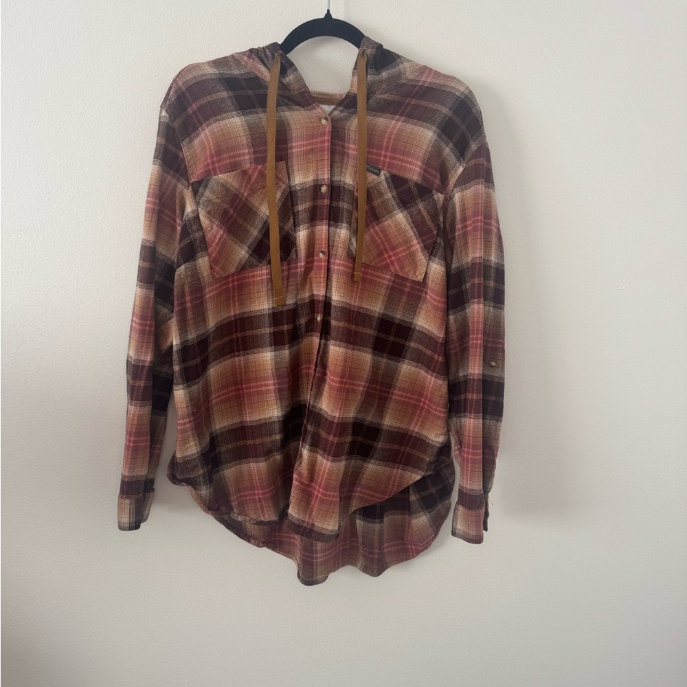 Columbia Plaid Hooded Flannel Shirt Women’s L Pink Brown Button Lightweight